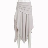 Ruched irregular ruffle slit solid high rise midi skirt